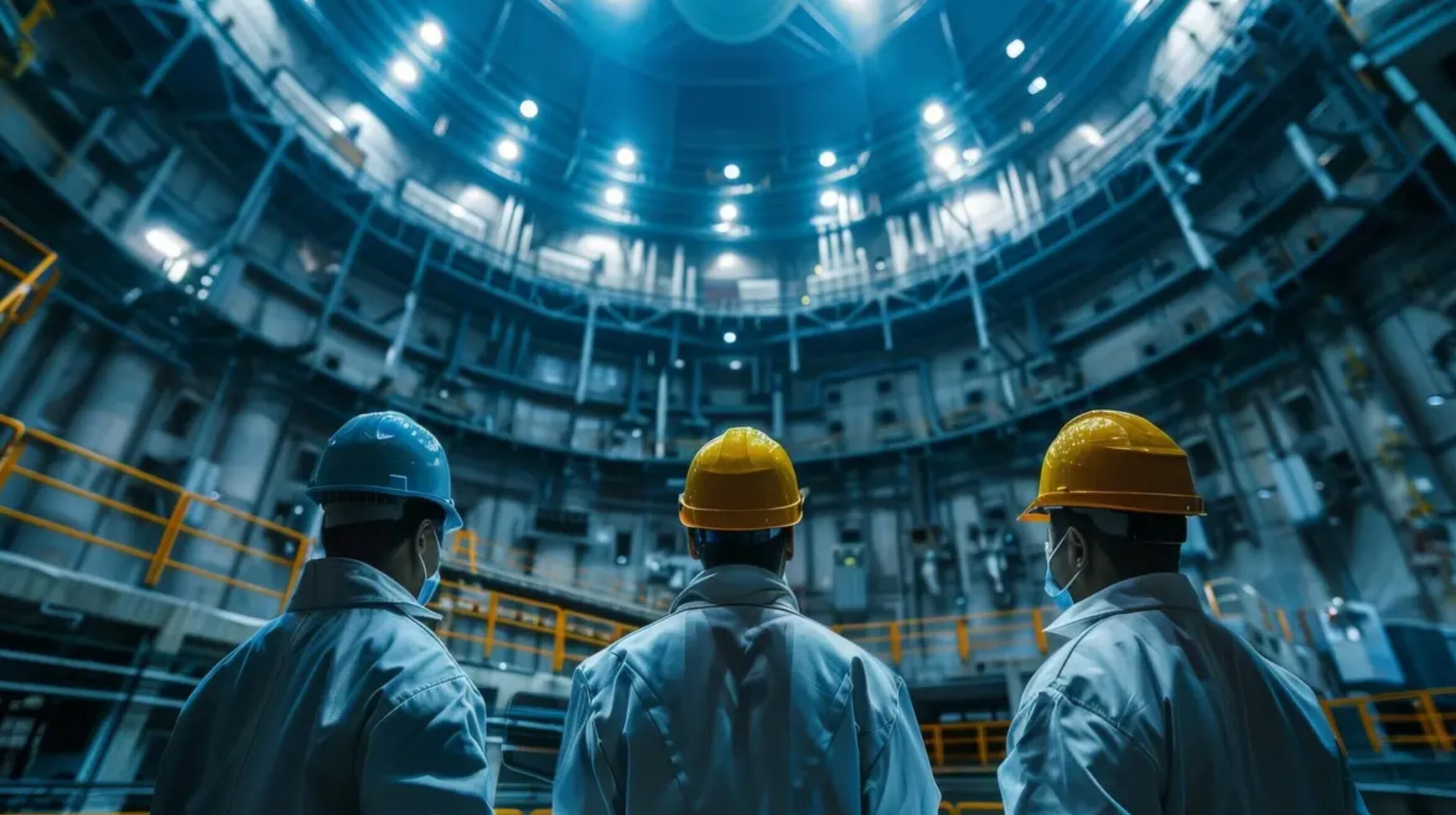 Trzech pracowników w kaskach i fartuchach ochronnych obserwuje monumentalne wnętrze reaktora jądrowego. Otacza ich futurystyczna, jasno oświetlona infrastruktura techniczna z licznymi rurami i instalacjami. Scena ukazuje zaawansowanie technologiczne oraz kluczową rolę ludzi w bezpiecznej eksploatacji energetyki jądrowej.