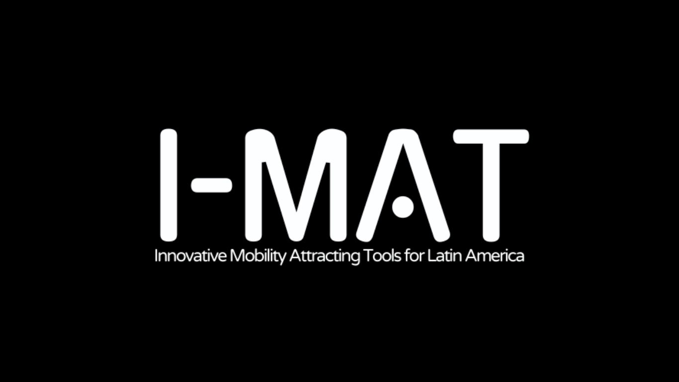 Logo projektu I-MAT z pełną nazwą: Innovative Mobility Attracting Tools for Latin America. Białe litery na czarnym tle.