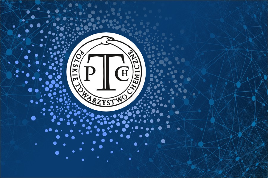 Logo Polskiego Towarzystwa Chemicznego (PTChem) na niebieskim tle z wzorem połączonych punktów symbolizującym sieci i strukturę molekularną. W centrum znajduje się okrągłe logo z czarnym napisem Polskie Towarzystwo Chemiczne otaczającym stylizowane litery P, T i Ch.